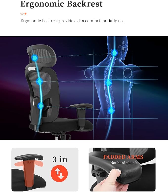Big and Tall Office Chair Ergonomic Chair 400lbs Wide Seat Executive Desk Chair with Lumbar Support Adjustable Armrest Headrest High Back Mesh Computer Chair Rolling Swivel Task Chair(Black)