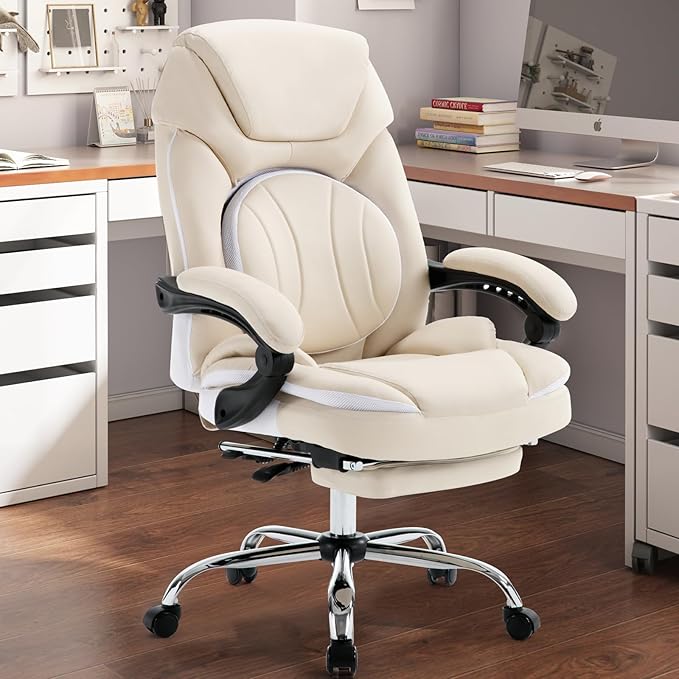 Ergonomic Fully Reclining Office Chairs with Back Support Footrest, Big and Tall Comfortable Recliner Office Desk Chair Computer Gaming Chair, Cream Beige