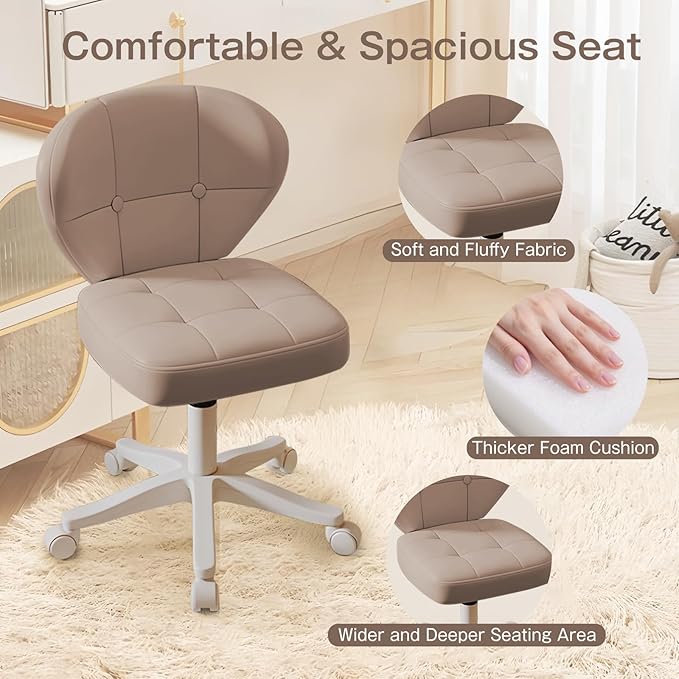 Vanity Chair with Back – Small Armless Office Chair with Wheels, Lumbar Support, PU Leather, Adjustable Height, 360° Swivel for Home, Bedroom, Office (Khaki Set of 1)
