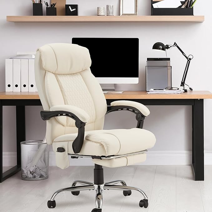 HOMREST Heated Office Chair with Vibrating Massage, Ergonomic Executive Desk Chair with Retractable Footrest and Lumbar Support, High-Back Reclining PU Leather Computer Chair for Home Office (Beige)