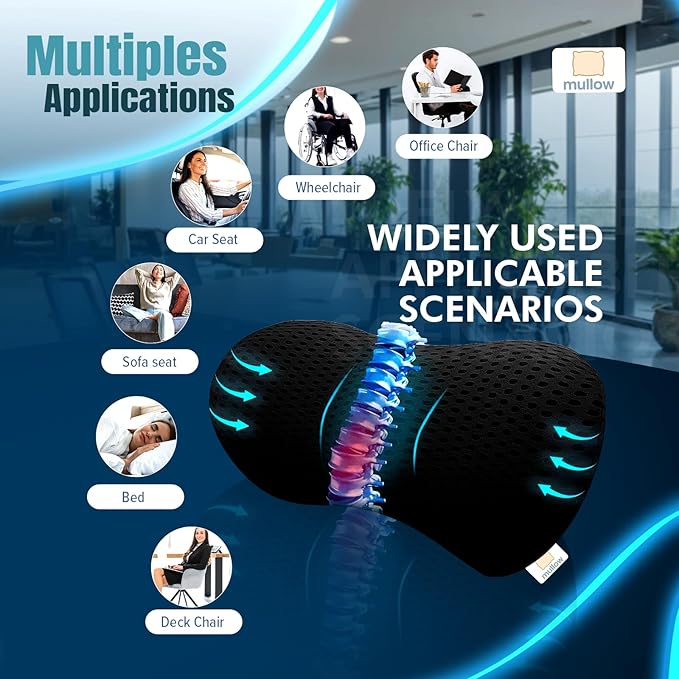 Mullow® Lumbar Support Pillow for Office Chair | for Low Back Pain Relief | Memory Foam Ergonomic Sreamline | for Car, Office Chair, Home, Bed, Seat Cushion