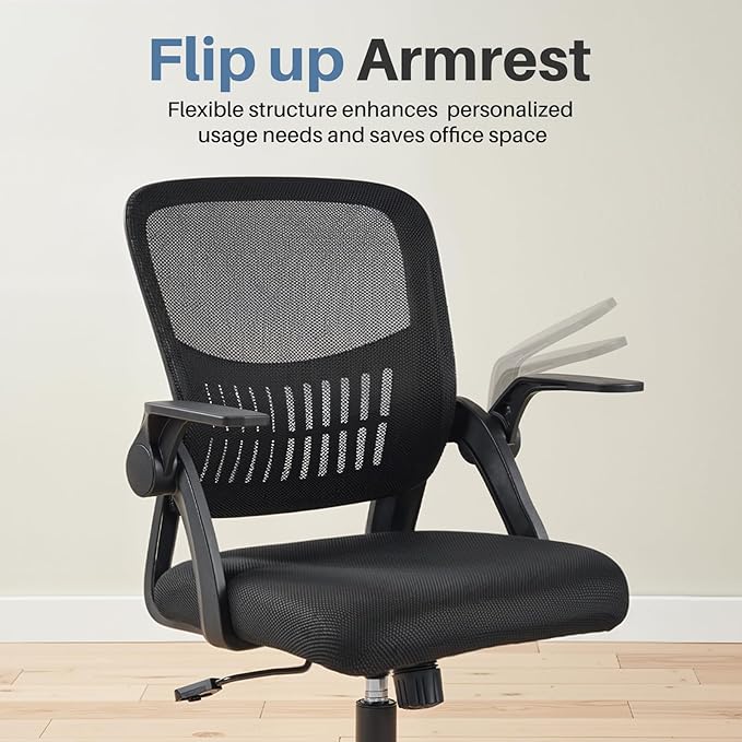 DUMOS Home Office Desk Chair - Ergonomic Computer Mesh Chair with Lumbar Support & Rocking Mode, Height Adjustable, Flip-up Armrest, for Conference, Meeting Room, 360° Swivel, Adults, Black