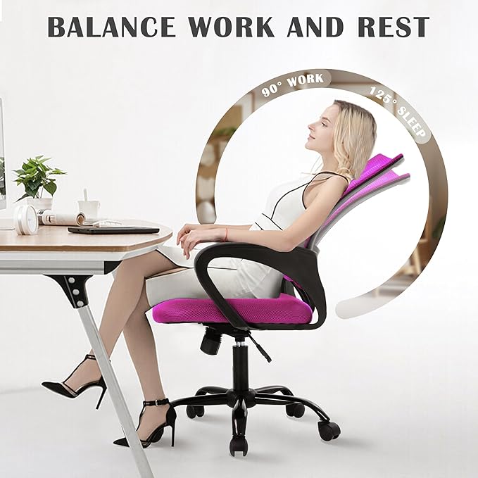 Office Chair, Adjustable Computer Chair with Lumbar Support, Office Desk Chair with Breathable Mesh Backrest, Home Office Desk Chairs for Student, Adults, Study, Dorm, Small Computer Chair (Pink)