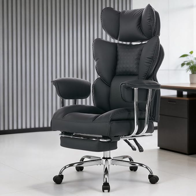 DUMOS Big and Tall Office Chair 350 LBS, Scratch-Resistant PU Leather Executive Office Desk Chair with Footrest, Ergonomic Reclining Computer Chair with Pocket Spring Support for Home Office, Black