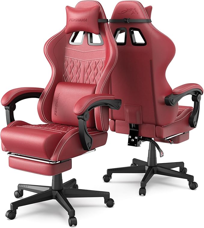 Ferghana Vintage PU Leather Gaming Chair, Ergonomic Gamer Chair with Massage, High Back Computer Office Chair with Footrest for Adults, Racing Style Reclining Video Game Chair (Red)