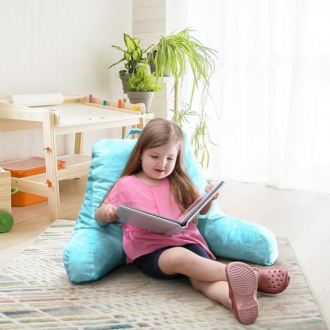 Clara Clark Reading Pillow for Kids & Teens with Shredded Memory Foam, Backrest Pillows for Reading, Watching, and Gaming, Use on The Couch, Bed, or Floor Adjustable Support, Washable Cover Light Blue