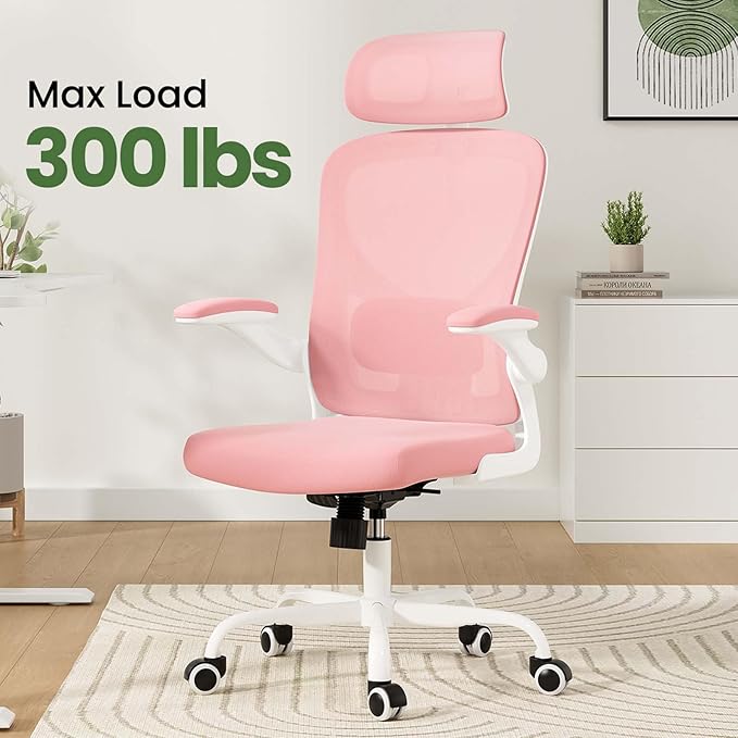 Ergonomic Mesh Office Chairs with Lumbar Support and Adjustable Headrest, High Back Comfortable Computer Desk Chair with Wheels and Armrests, Home Office Rolling Gaming Chair, Max Load 350 lbs (Pink)