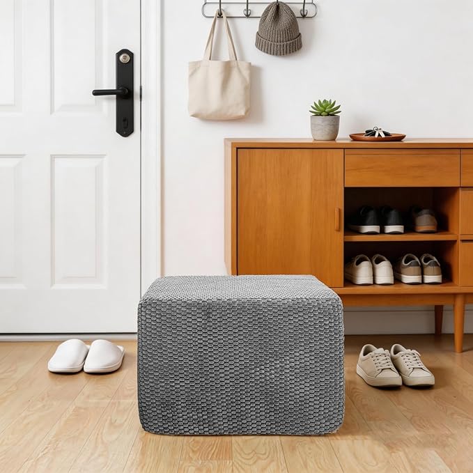 Furry Square Pouf Ottoman – 20"x14" One-Piece Seamless Integral Foam Foot Stool Ottoman Foot Rest Living Room Bedroom Under Desk (Gray)