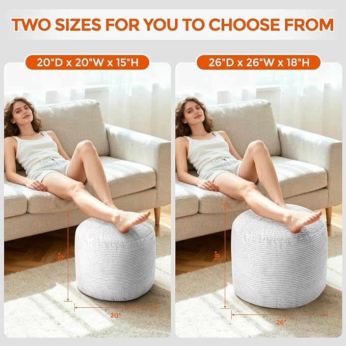 Round Pouf Ottoman Foot Rest, Pre-Stuffed Footrest Ottoman with Odorless Shredded Memory Foam, Soft Corduroy Floor Pouf for Living Room, Bedroom, Cozy Home Decor, Grey
