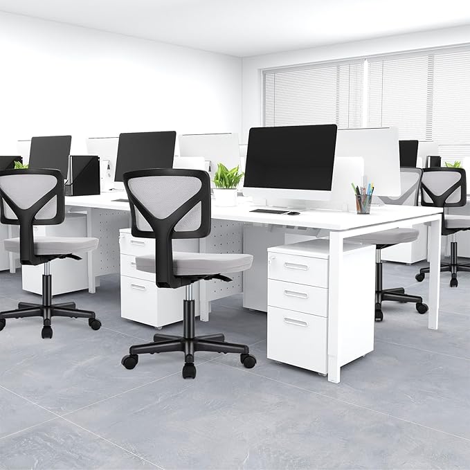 DUMOS Small Office Chairs with Wheels, Ergonomic Adjustable Home Desk Swivel Rolling Task Chair No Arms, Comfy Mesh Mid Back Computer Work Vanity Desk Chairs for Small Spaces, New Grey