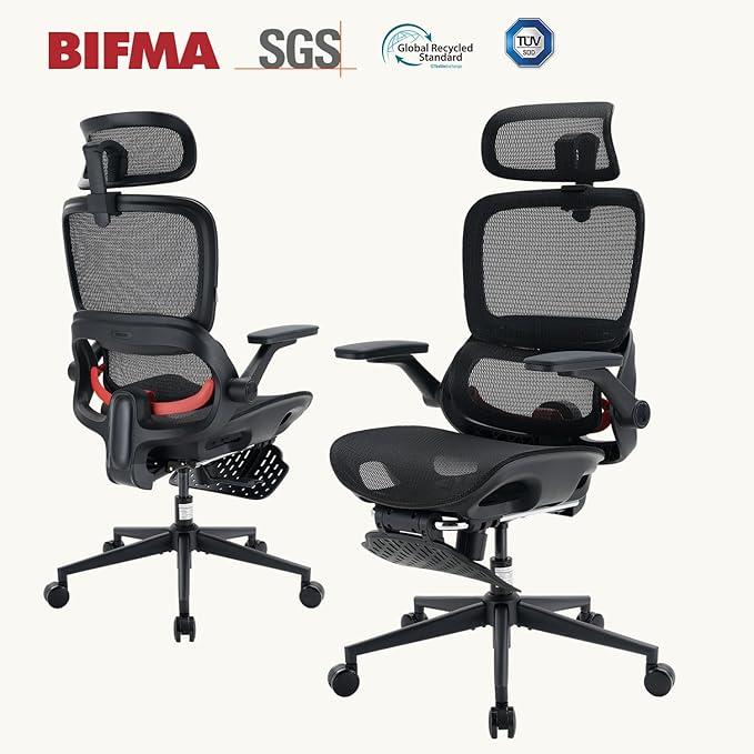 SIHOO B100 PRO Ergonomic Office Chair with Footrest, Mesh Office Chair with Adaptive Lumbar Support, Computer Chair with Wide Headrest, Desk Chair with 360° Rotatable Flip-Up Armrests, Jet Black