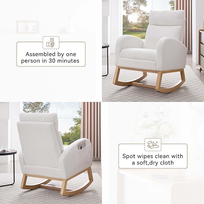 40" Teddy Nursing Rocking Chair, Nursery Chairs with Adjustable Foot Rest, High Backrest Upholstered Arm Chair with Side Pockets, Wood Rocking Chair for Living Room, Bedroom, Baby Room (White)