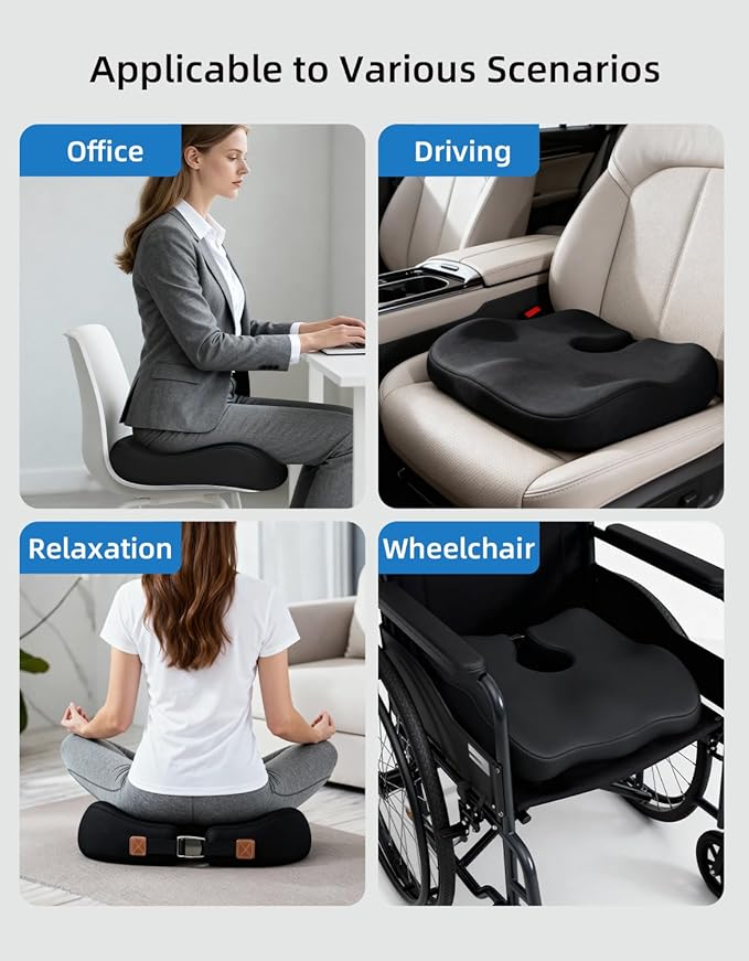 Extra Dense Orthopedic Seat Cushion, Ergonomic Memory Foam Seat Cushion for Office Chair,Desk Chair,Car,Wheelchair, Tailbone Hip Sciatica Pain Relief Cushion for Long Sitting(Black)
