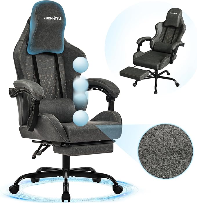 Gaming Chair Big and Tall, Grey Leather Video Game Chairs with Footrest, Padded Linkage Armrests & Large Headrest, Ergonomic Computer Chair 350lbs for Adults Gaming or Office Use