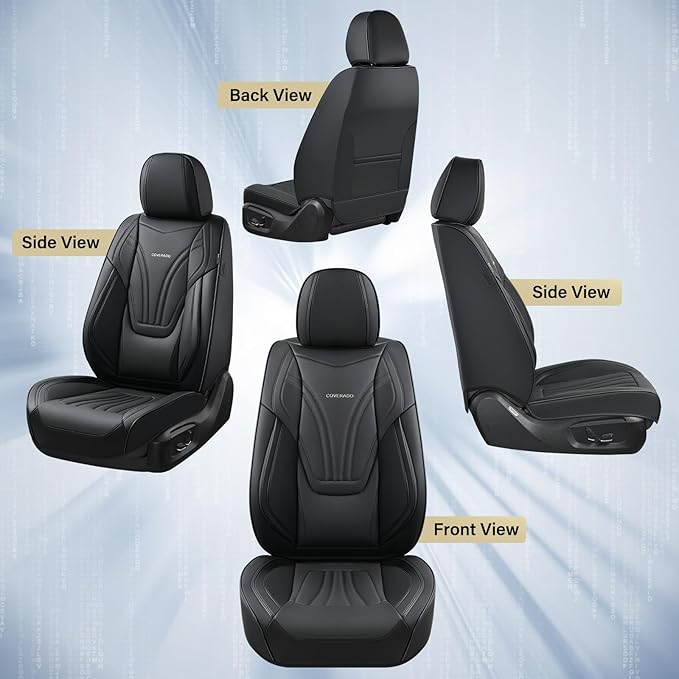Coverado Car Seat Covers Front Seats, 2 Piece Car Seat Protector with Lumbar Support & Removable Headrest, Breathable Leather Seat Cushion Universal Fit for Truck Automotive Vehicles Black