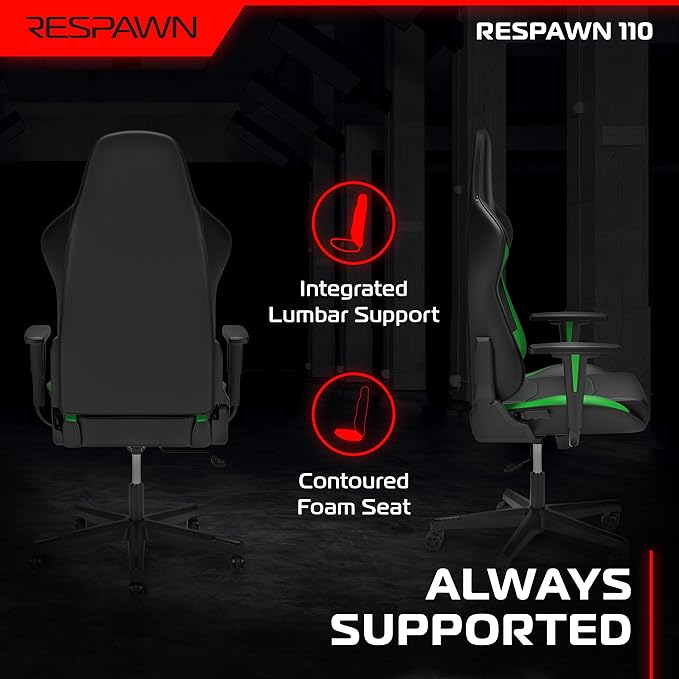 Respawn 110 Ergonomic Gaming Chair - Reclining Office Video Game Swivel Chair with Lumbar Support, Headrest, Heavy Duty, High Back, Racing Style Gaming Recliner Seat for Computer Gamer - Green