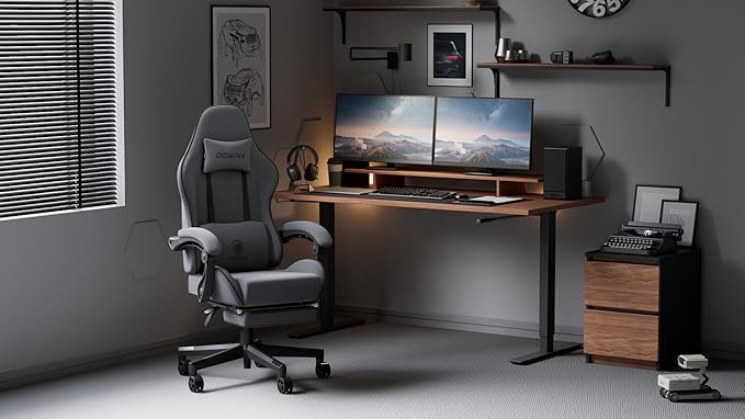 Dowinx Gaming Chair Fabric with Pocket Spring Cushion, Massage Game Chair Cloth with Headrest, Ergonomic Computer Chair with Footrest 290LBS, Light Grey