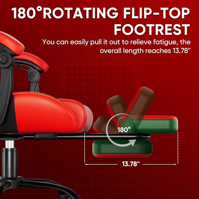 Czlolo Gaming Chair, Lumbar Support Massage Computer Chair, High Back Gamer Chair, with Footrest and Headrest, Lumbar Pillow, Recline, Wide Seat, Gaming Chairs for Christmas/Birthday Gifts, Red