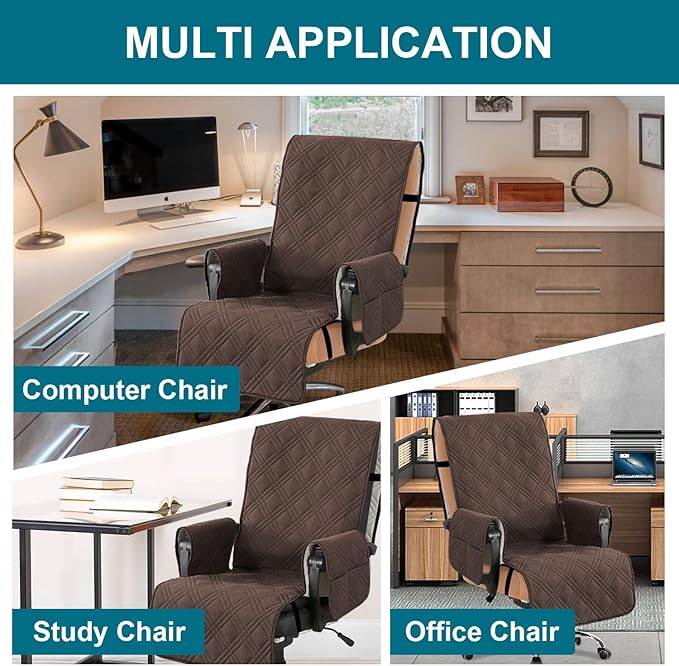 Turquoize Waterproof Office Chair Cover with Armrest Covers Computer Desk Chair Cover Office Chair Protector with Arms Office Chair Seat Cover Slipcover with Anti-Slip Buckle for Home Office, Brown