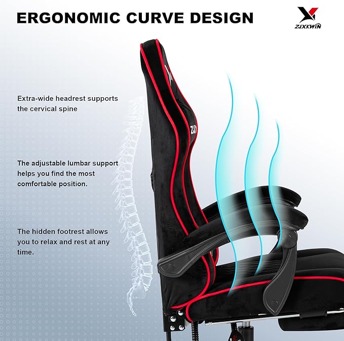 Velvet Gaming Chair, Ergonomic High Back Racing Chair with Footrest, Spring Wide Cushion, Adjustable Headrest & Lumbar Support, 90-135° Recline, 360° Swivel, 300lbs for Home Office, Red