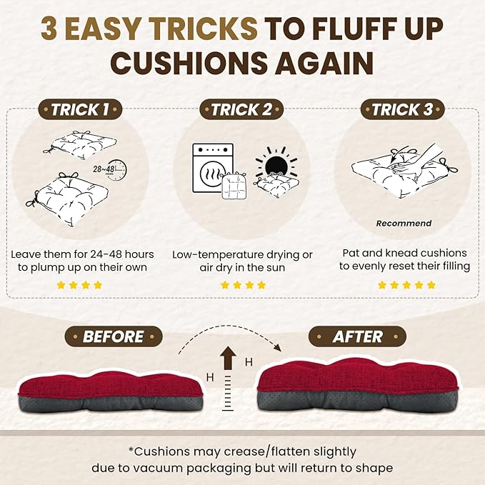 downluxe Indoor Chair Cushions for Dining Chairs, Tufted Overstuffed Textured Kitchen Chair Pads with Ties and Non-Slip Backing, 15.5" x 15.5" x 4", Red, 4 Pack