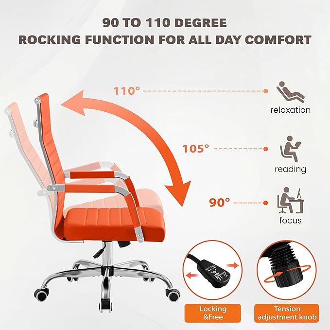 Furmax Ergonomic Office Desk Chair, Executive Ribbed Mid-Back PU Leather Conference Room Chair Adjustable Swivel Chair with Arms (1, Orange)
