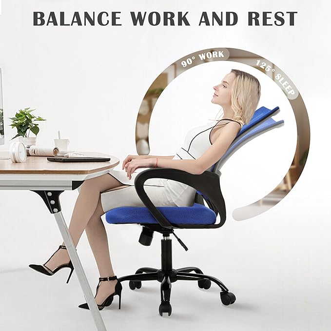 Adjustable Computer Chair With Lumbar Support, Breathable Mesh Backrest for Home Office, Student, Adults, Study, Dorm - Small Desk Chair, Blue