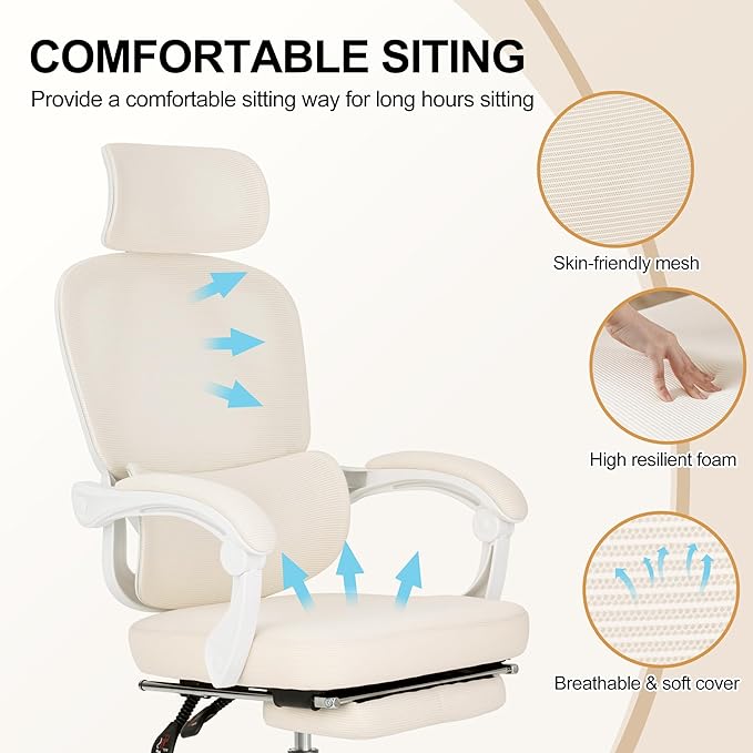Mesh Ergonomic Office Chair with Footrest,90-135 Comfy Reclining Chairs,Home Office Desk Chair with Adjustable Lumbar Support & Headrest, High Back Computer Chair (Beige)