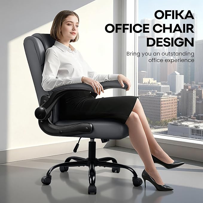 OFIKA Leather Office Desk Chair,Ergonomic Office Chair with Lumbar Support,Computer Chair,Executive Leather Chair with Padded Flip-up Arm,Adjustable Armrests, Gray,275LBS