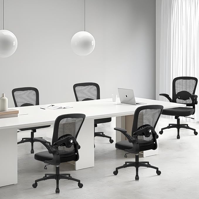 KLASIKA Desk Chairs with Wheels, Ergonomic Mesh Back PU Leather Seat Home Office Chair Adjustable Lumbar Support and Height Swivel Rolling Computer Task Chairs with Flip Up Arms for Conference, Black