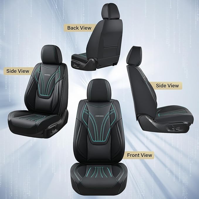 Coverado Car Seat Covers Front Seats, 2 Piece Car Seat Protector with Lumbar Support & Removable Headrest, Breathable Leather Seat Cushion Universal Fit for Truck Automotive Vehicles Black & Blue
