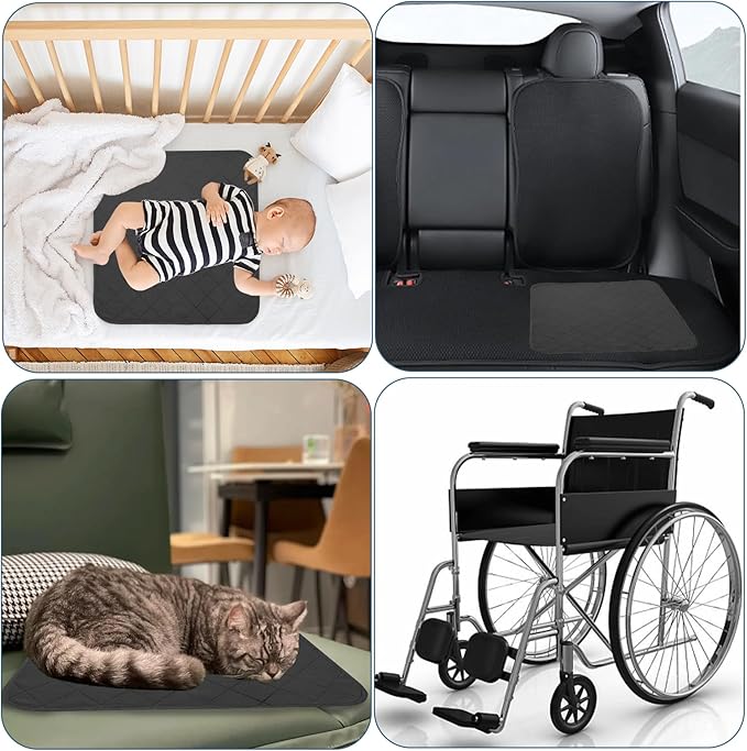 Waterproof Chair Pads for Incontinence, 4 Pack Reusable Seat Protector Pads 22" x 21", Washable Chair Protector Seat Cover, Absorbent Incontinence Pad for Bed, Wheelchair, Kid & Pet - Black