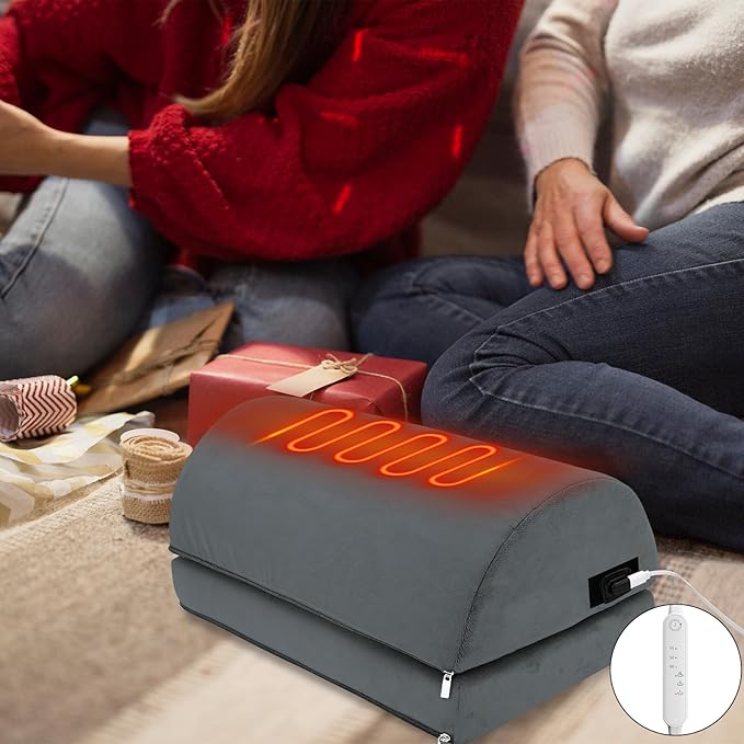 Heated Foot Rest Under Desk Footrest at Work, Foot Warmer Foot Stool with Double Layer Adjustable Height and Washable Cover, Handle Desk Foot Rest with Office Desk Accessories (Gray)