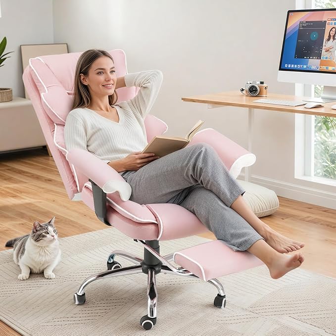HOMREST Pink Ergonomic Office Chair with 6-Point Vibration Massage & Heat โ Reclining Executive Chair with Adjustable Footrest and Armrests, PU Leather Big and Tall Home Office Desk Chair