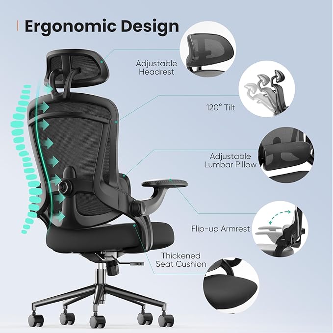 Sweetcrispy Executive Office Ergonomic Desk Chair, 300 LBS Home Mesh Chairs with Wheels, 2D Headrest, Up&Down Lumbar Support, Swivel High Back Computer Chair with Flip-up Armrests,Black