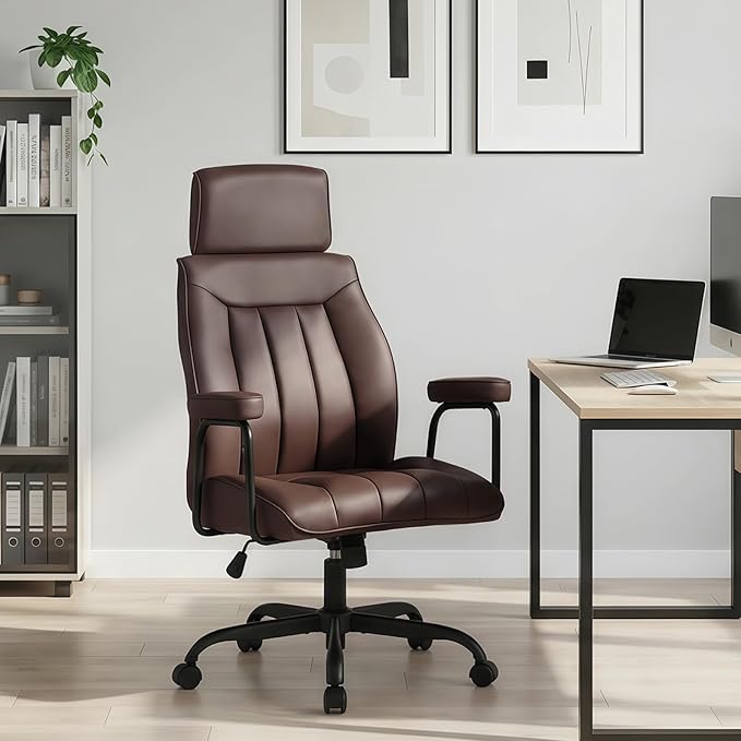 Furniliving Leather Office Chair with Adjustable Headrest, Mid-Century Modern High-Back Office Desk Chair, Ergonomic Computer Chair with Wheels, Armrests, Lumbar Support, Dark Brown