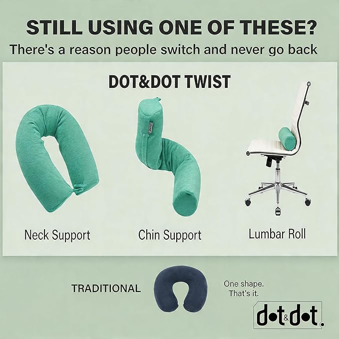 Dot&Dot Twist Memory Foam Travel Pillow for Airplanes - Travel Neck Pillow for Sleeping - Airplane Pillow for Neck Support - Adjustable, Bendable Neck Roll Pillow