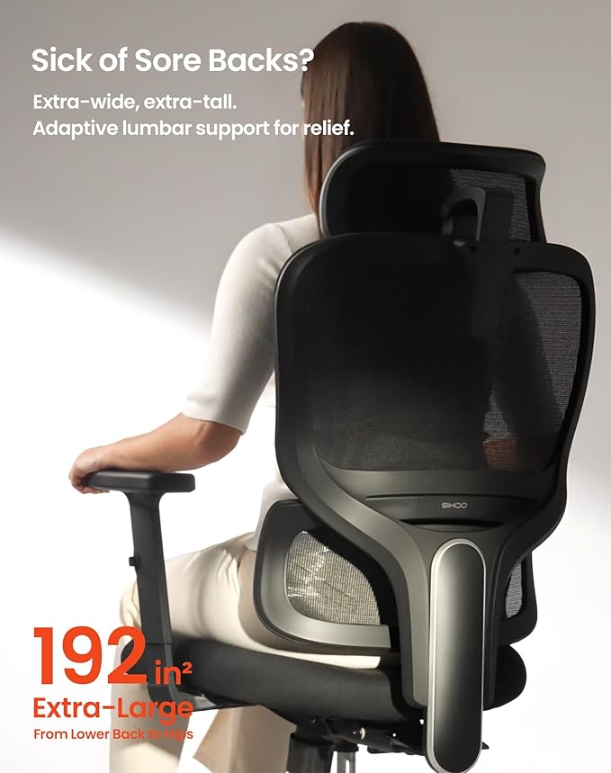 SIHOO Ergonomic Office Chair, Desk Chair with Armrests, Computer Chair with Dual Back Design and Adaptive Dynamic Lumbar Support, Dark Black