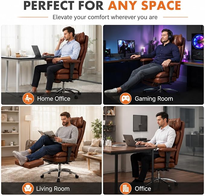 Big and Tall Ergonomic Office Chair with Footrest, Executive High Back PU Leather Desk Chair, Reclining Computer Chair with Adjustable Lumbar Support and Armrests, Swivel Rolling Gaming Chair, Brown