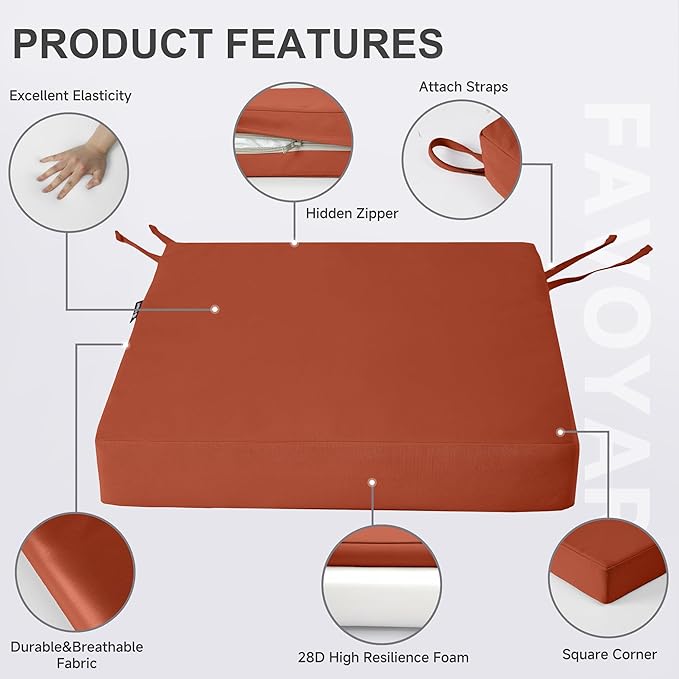 Favoyard Patio Chair Cushions 18 x 18 x 3 Inch Waterproof Outdoor Seat Cushions for Patio Furniture 3-Year Color Fastness Garden Sofa Couch Chair Pads with Handle & Adjustable Straps Set of 2, Spice