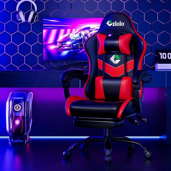 Czlolo Gaming Chair with Footrest Racing Style Lumbar Support Massager Video Game Chair with Metal Legs, High Back Gamer Chair with Headrest, 360° Swivel Office Computer Desk Chair, Bright Red