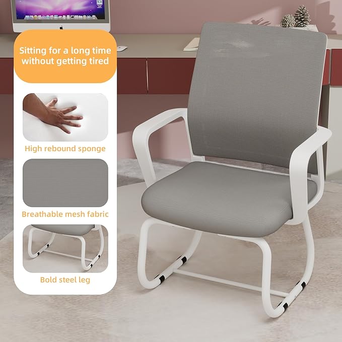 Modern Mesh Office Chair, Ergonomic Desk Chair with Armrests, Breathable Computer Task Seat for Home Work, Sled Base Guest Furniture, Comfortable Lumbar Support, Metal Frame, White+Gray