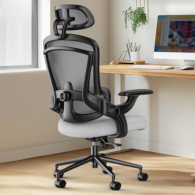 Sweetcrispy Ergonomic Desk Chair Office Chair, 300 LBS Home Mesh Office Desk Chairs with Wheels, 2D Headrest, Up&Down Lumbar Support, Swivel High Back Computer Chair with Flip-up Armrests,Dark Grey