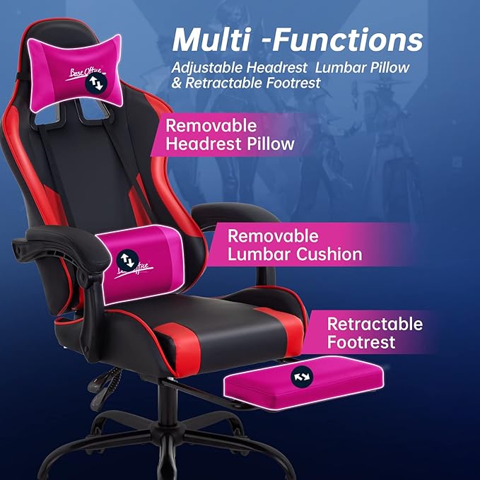 Gaming Chair Office Chair Desk Chair with Footrest Lumbar Support Headrest Armrest Task Rolling Swivel Ergonomic E-Sports Adjustable PC Gamer Chair (Red)