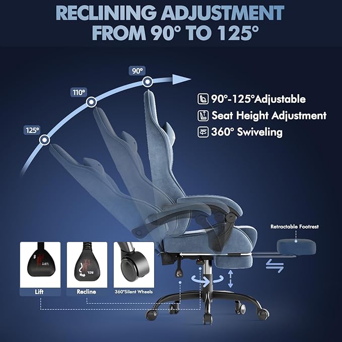 Gaming Chair Racing for Adult, Office Chair with Footrest Massage Lumbar Cushion, Velvet Fabric Reclining Video Game Chairs, Ergonomic Computer Chairs Height Adjustable, for Home Streaming, Grey