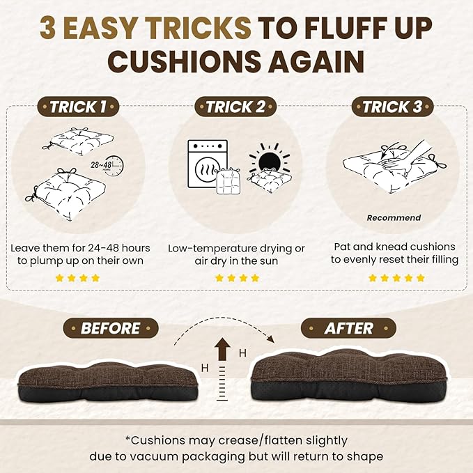 downluxe Indoor Chair Cushions for Dining Chairs, Tufted Overstuffed Textured Kitchen Chair Pads with Ties and Non-Slip Backing, 16.5" x 16.5" x 4", Brown, 4 Pack