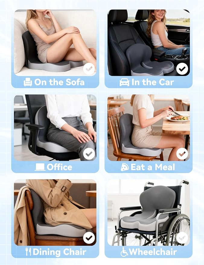 Car Seat Cushion for Tailbone Pain Relief, Ergonomic High-Density Memory Foam Chair Pad, Non-Slip, Washable Cover, Car Cushion for Office, Car, Home (Light-Gray)