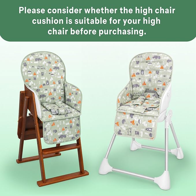 High Chair Pad, High Chair Cushion, High Chair Cover Pad, Safe and Comfort, Soft and Breathable, Cute Pattern, Baby Sits More Comfortable(Green Animal Pattern)