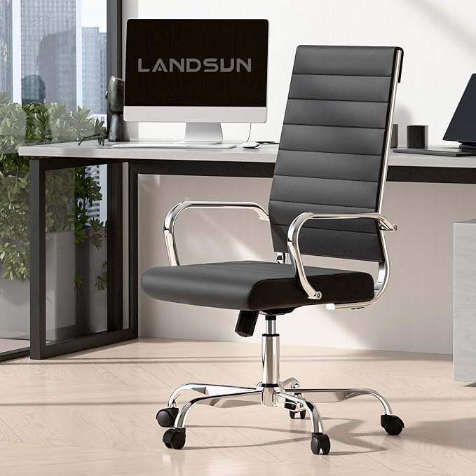 LANDSUN Home Office Chair Ribbed Leather High Back Executive Swivel Computer Desk Chairs with Wheels and Armrests Soft Padded Adjustable Height Modern Conference Task Black