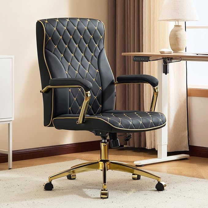 Furniliving Black and Gold Office Chair, Leather Office Chairs, Adjustable Vanity Chair with Golden Legs and Padded Armrest, Modern Upholstered Computer Chair with Wheels,Black